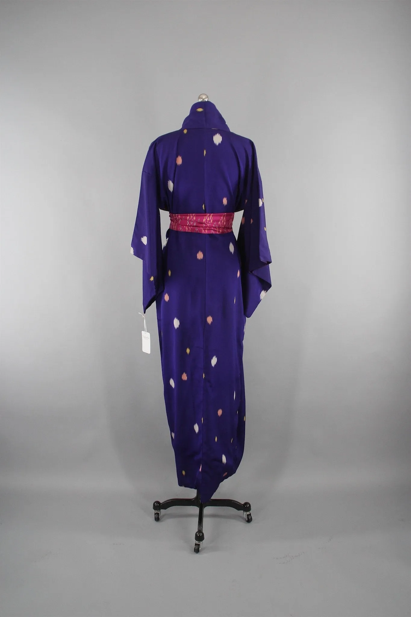 1940s Vintage Silk Kimono Robe in Purple Polka Dots Ikat