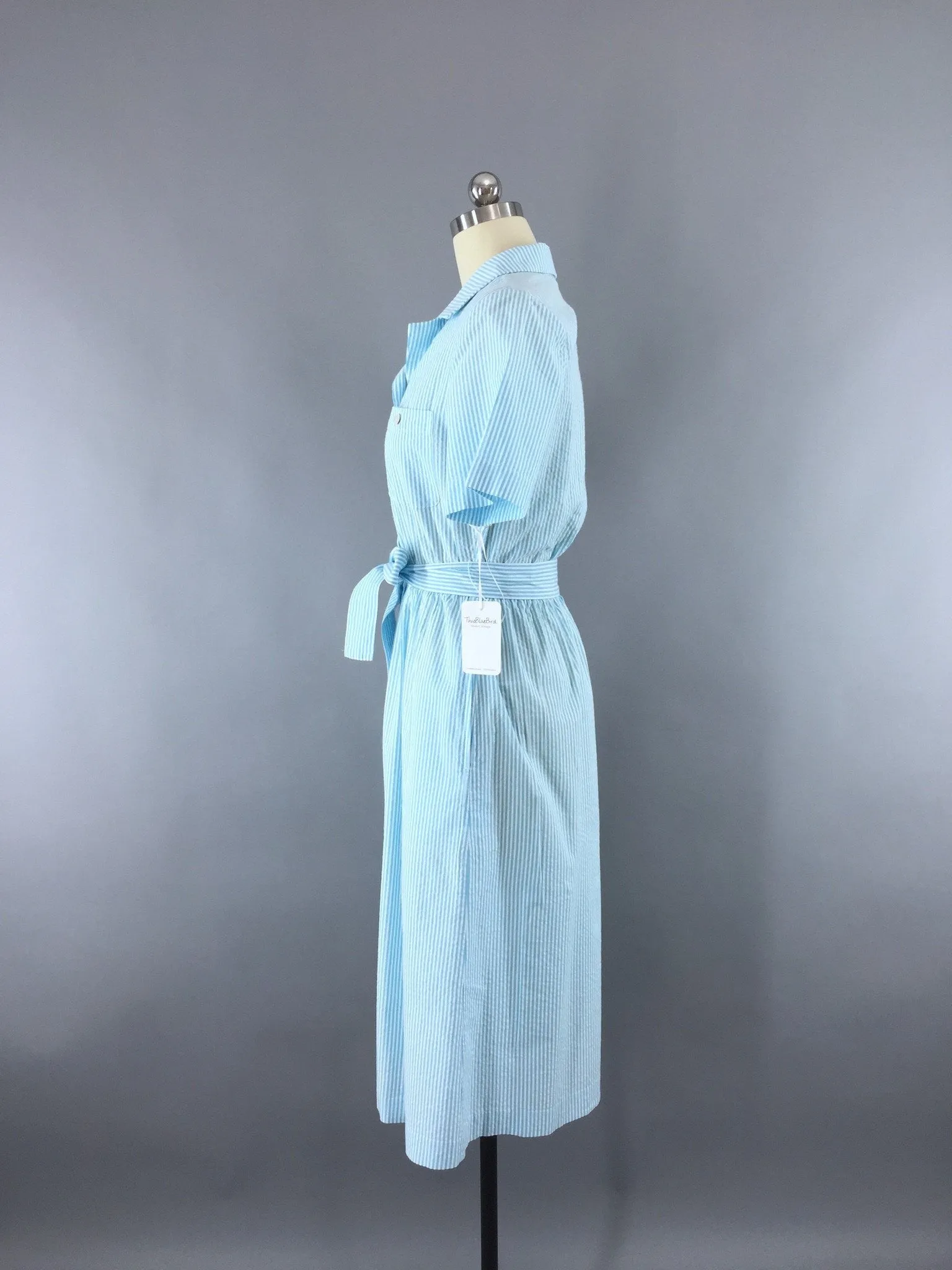 1980s Vintage Blue Striped Seersucker Day Dress