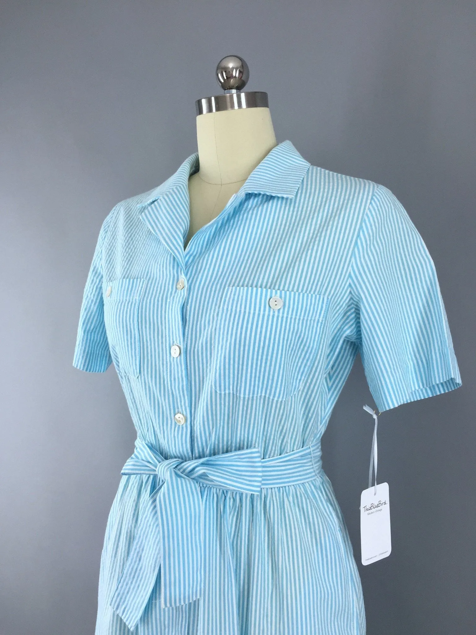 1980s Vintage Blue Striped Seersucker Day Dress