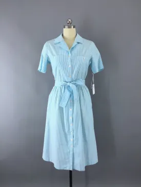 1980s Vintage Blue Striped Seersucker Day Dress