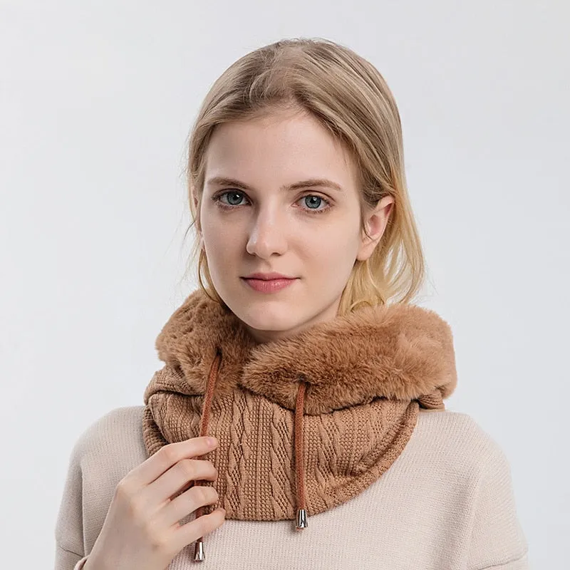 3-in-1 Hooded Knitted Winter Fur Cap Mask Set