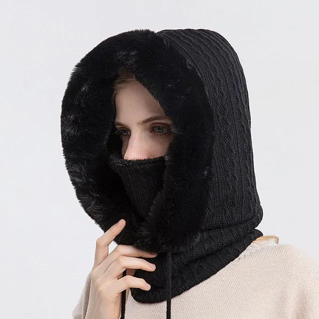 3-in-1 Hooded Knitted Winter Fur Cap Mask Set