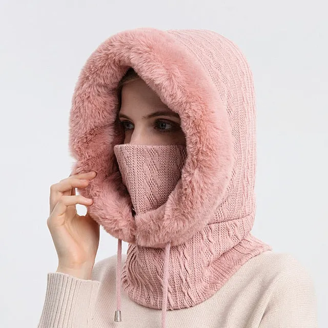 3-in-1 Hooded Knitted Winter Fur Cap Mask Set