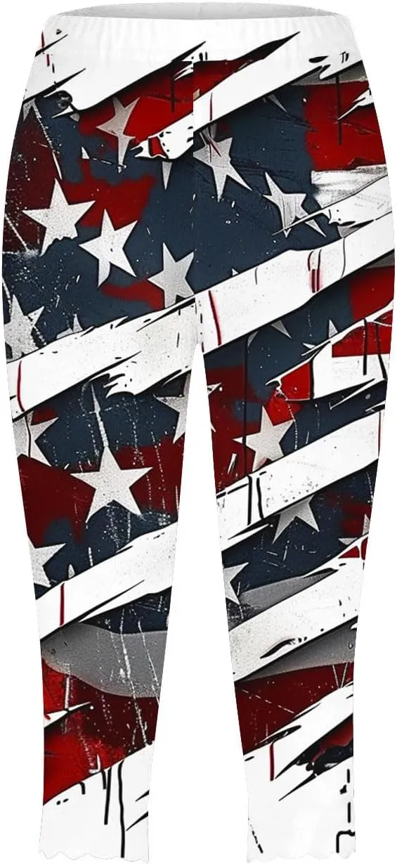 4th of July Capri Leggings for Women American Flag Patterned Patriotic Pants High Waist Workout Yoga Legging