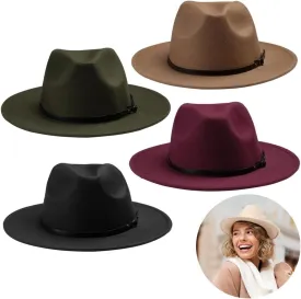 Adjustable Woolen Fedora Hats For Weddings, Proms, Parties, Clubs, And Camping, 4-Pack Vintage Woolen Fedora Hats, Woolen Dress Hats, Flat Brim Hats With Belt Buckle, 4 Colors
