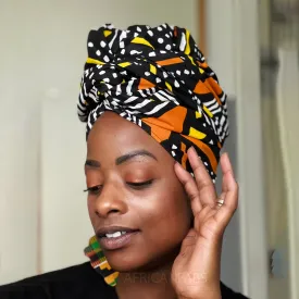 African Black Yellow / orange Bogolan / mud cloth headwrap