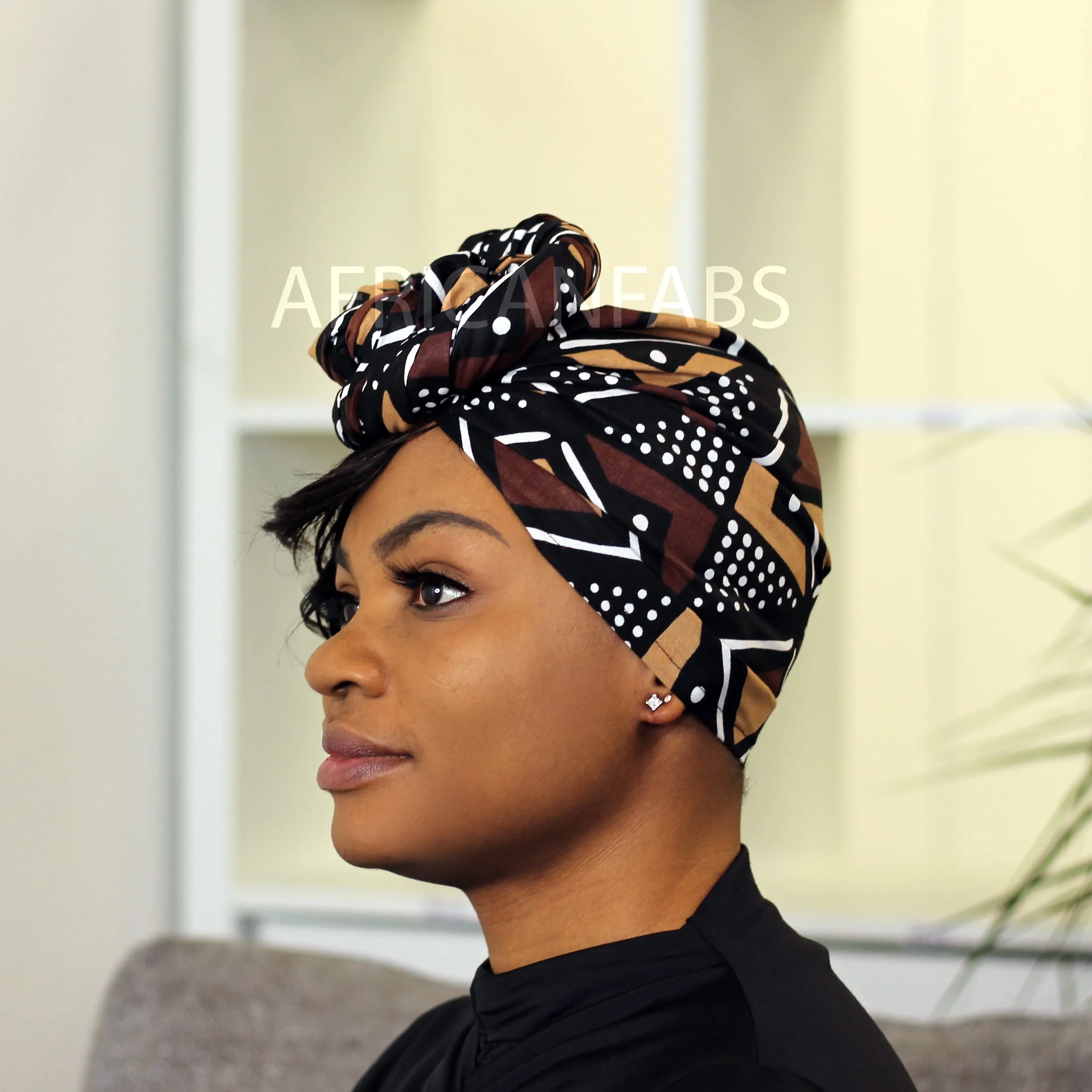 African Brown / Beige bogolan / mud cloth headwrap