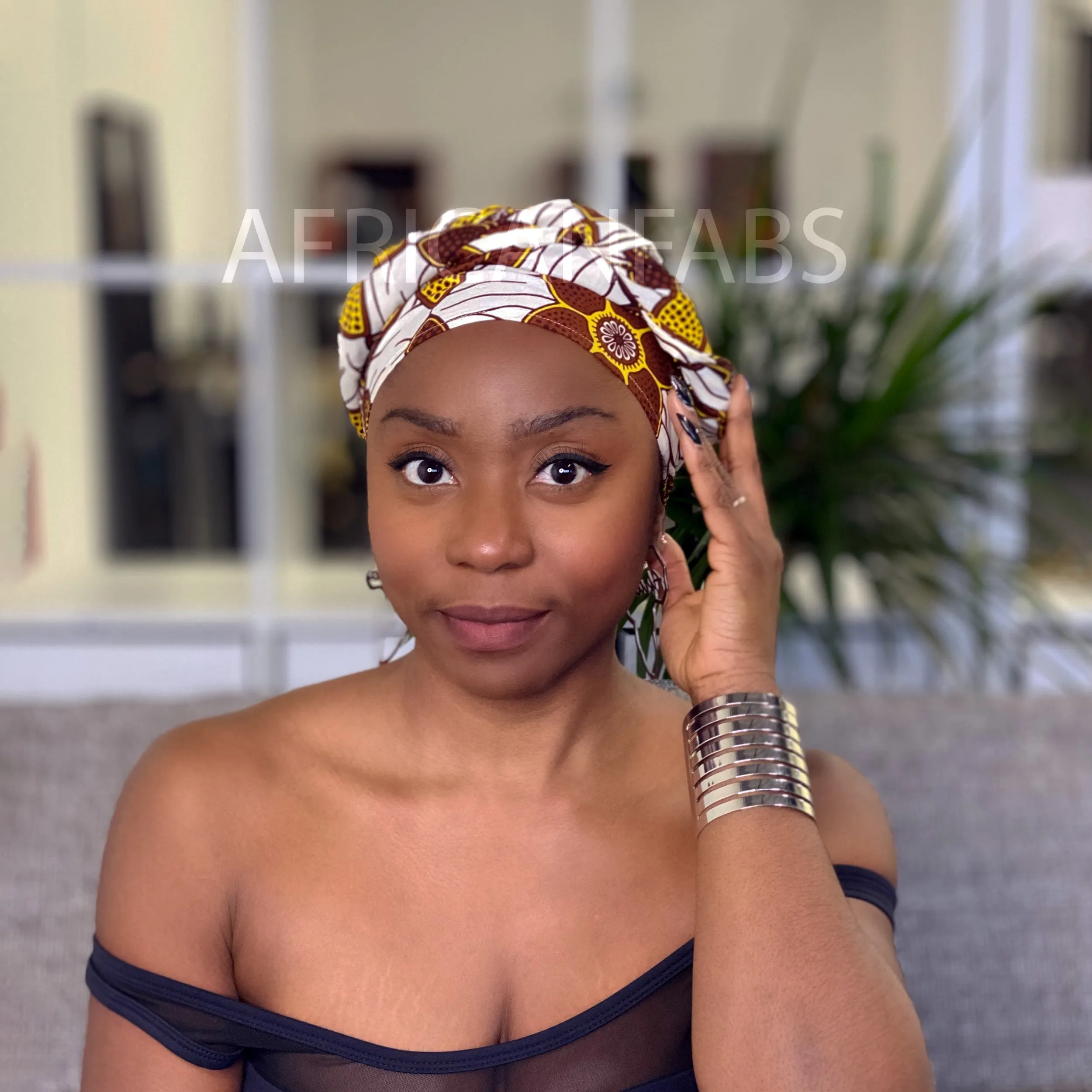 African headwrap - Brown / white big flower