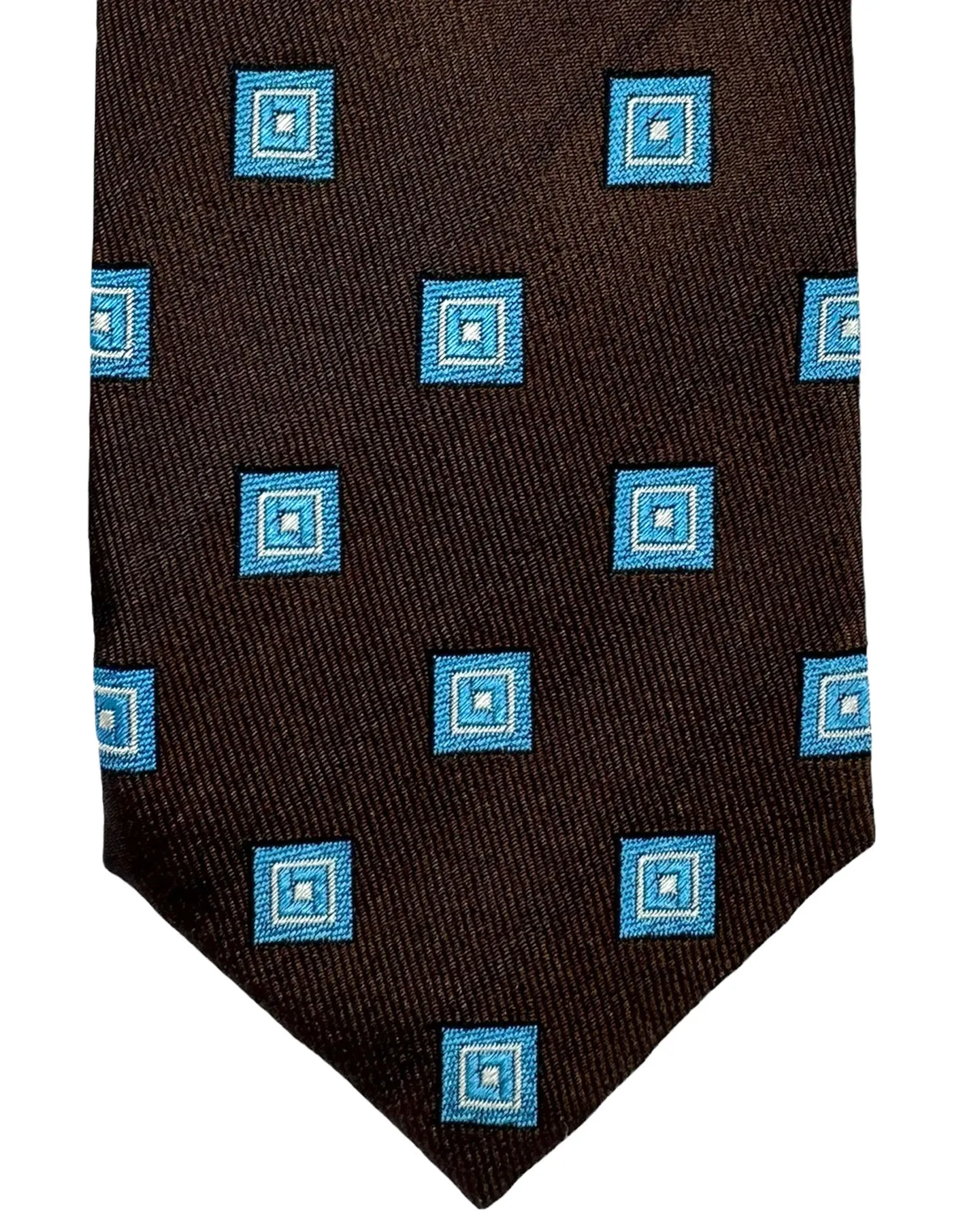 Barba Sevenfold Tie Brown Aqua Silver Squares Design - Sartorial Neckwear