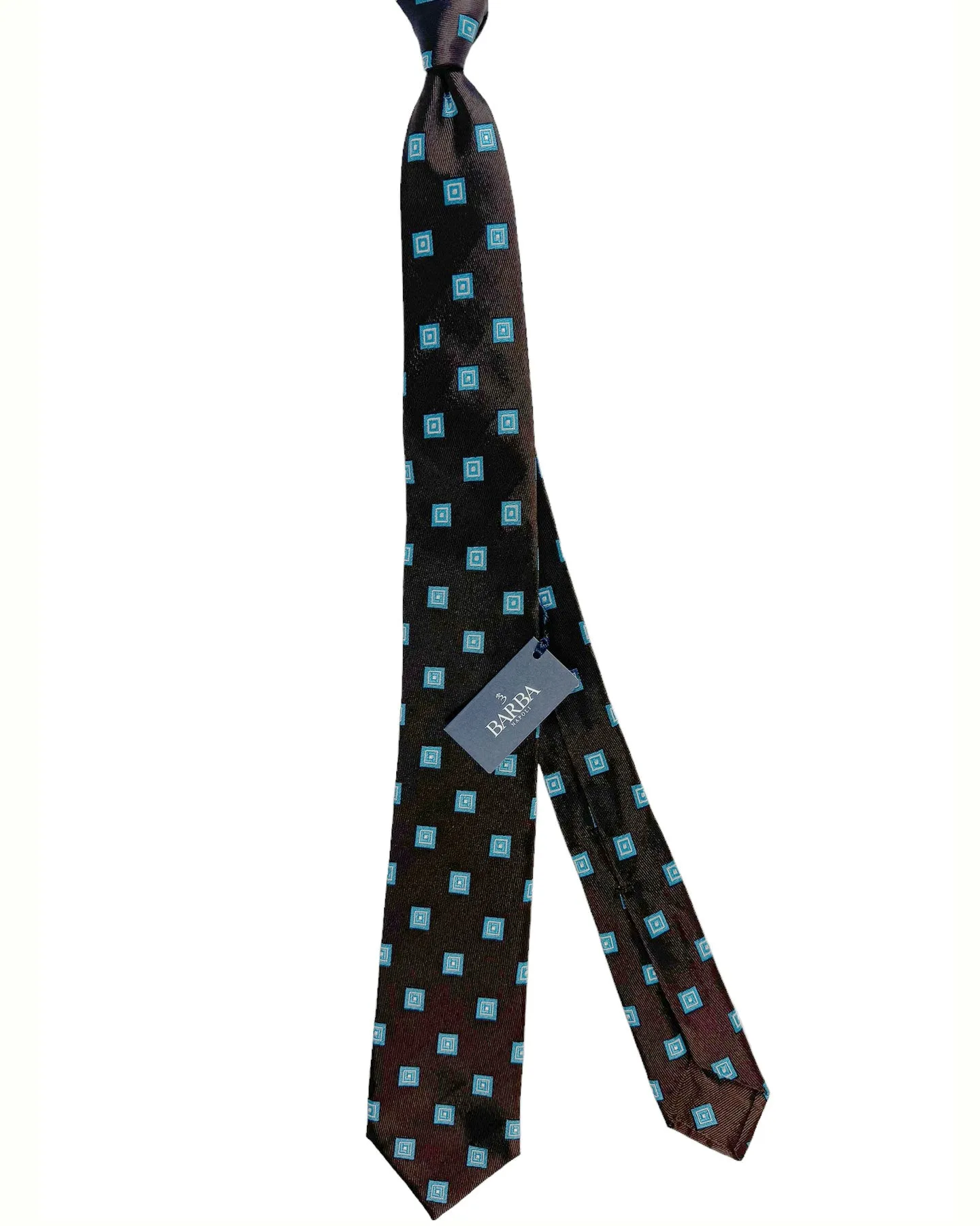 Barba Sevenfold Tie Brown Aqua Silver Squares Design - Sartorial Neckwear