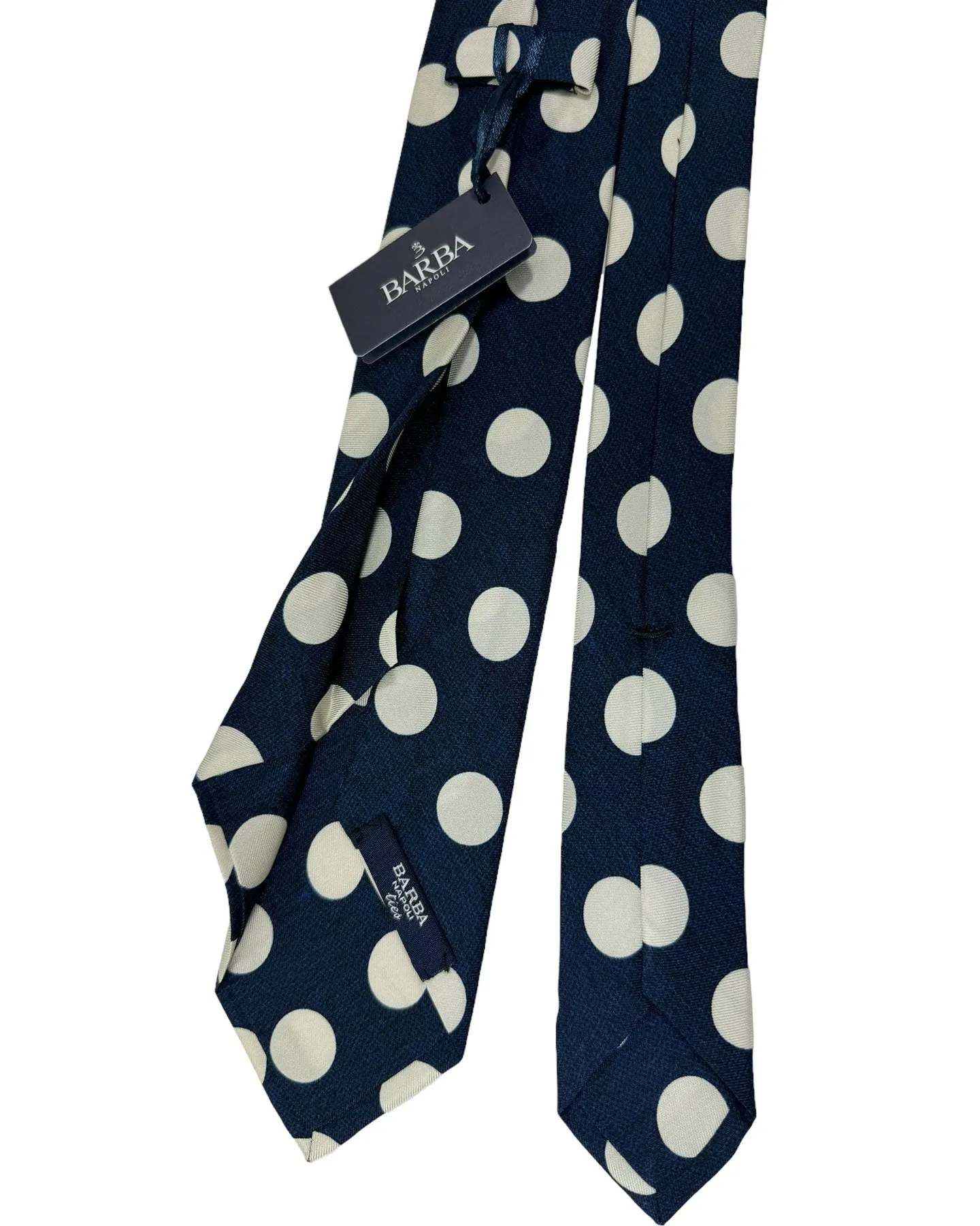 Barba Sevenfold Tie Dark Navy White Silver Polka Dots Design - Sartorial Neckwear