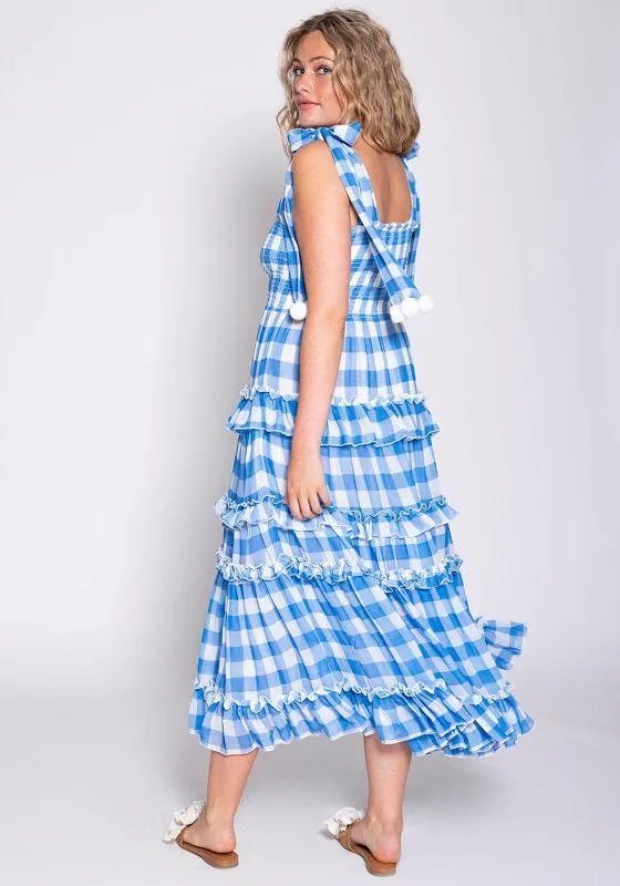 Berenice Gingham Blue dress with Pompoms