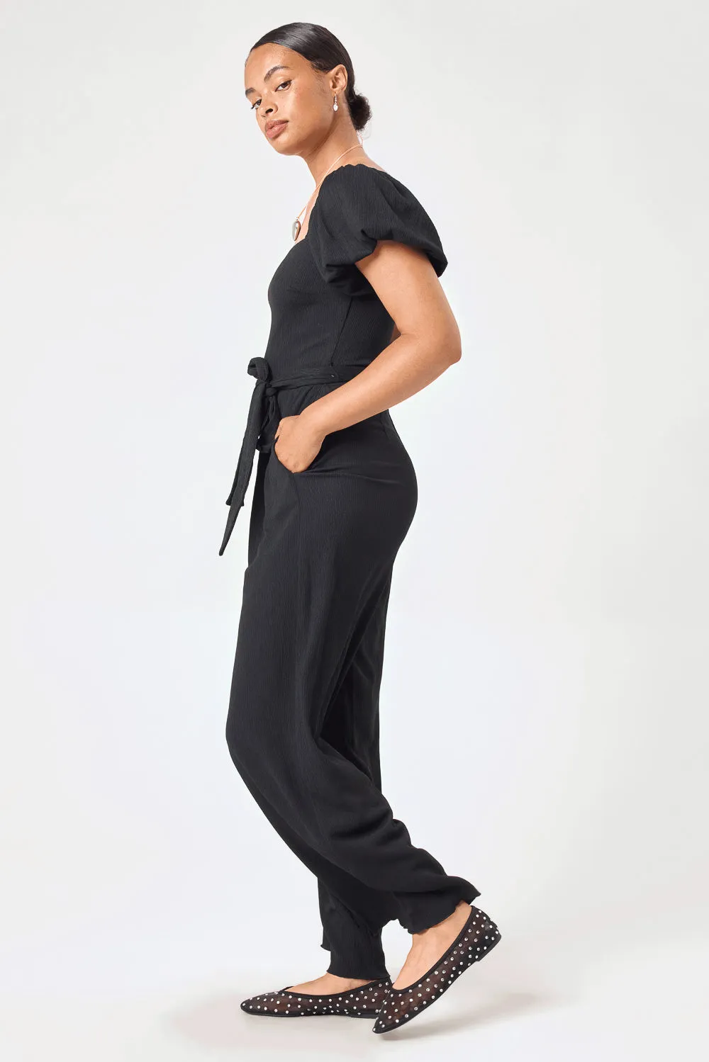 Black Tie Waist Crinkle Jumpsuit