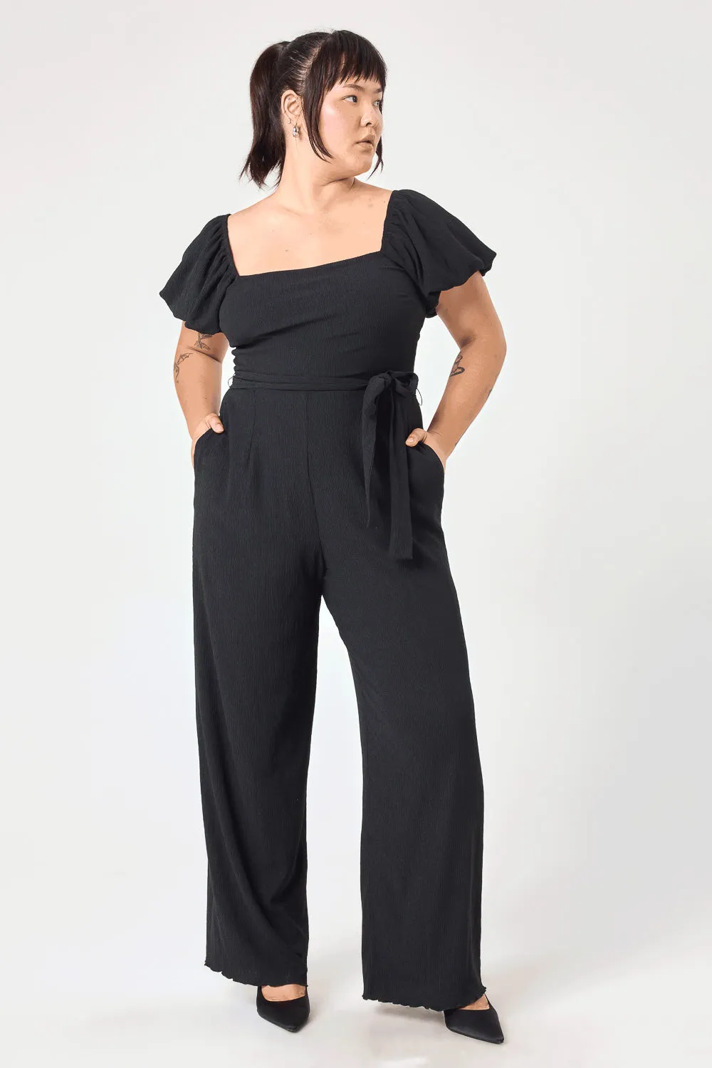 Black Tie Waist Crinkle Jumpsuit
