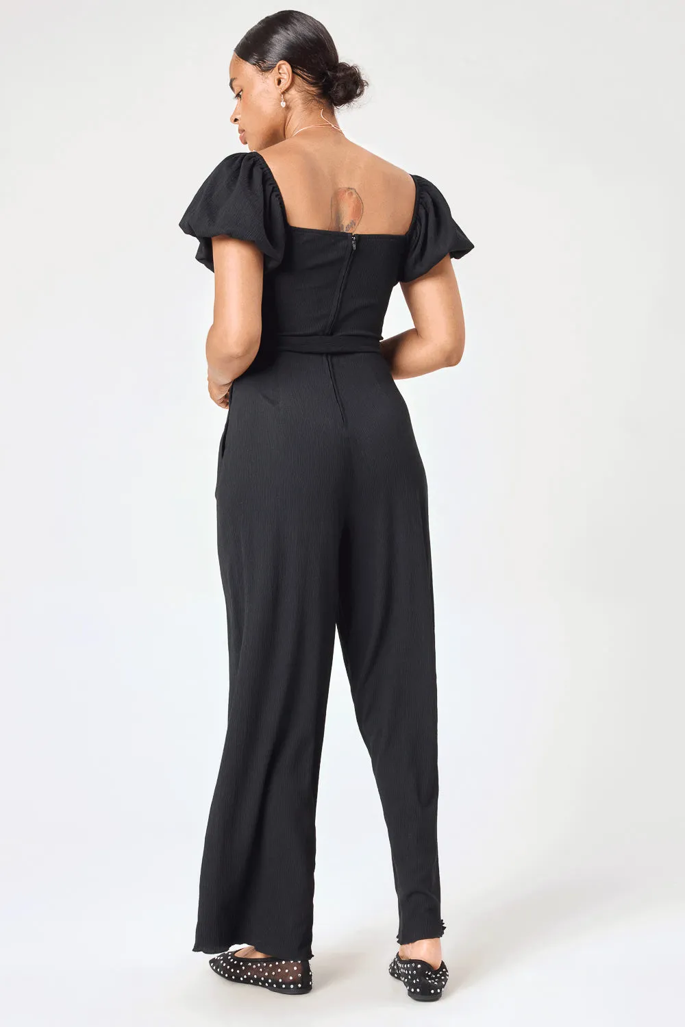 Black Tie Waist Crinkle Jumpsuit