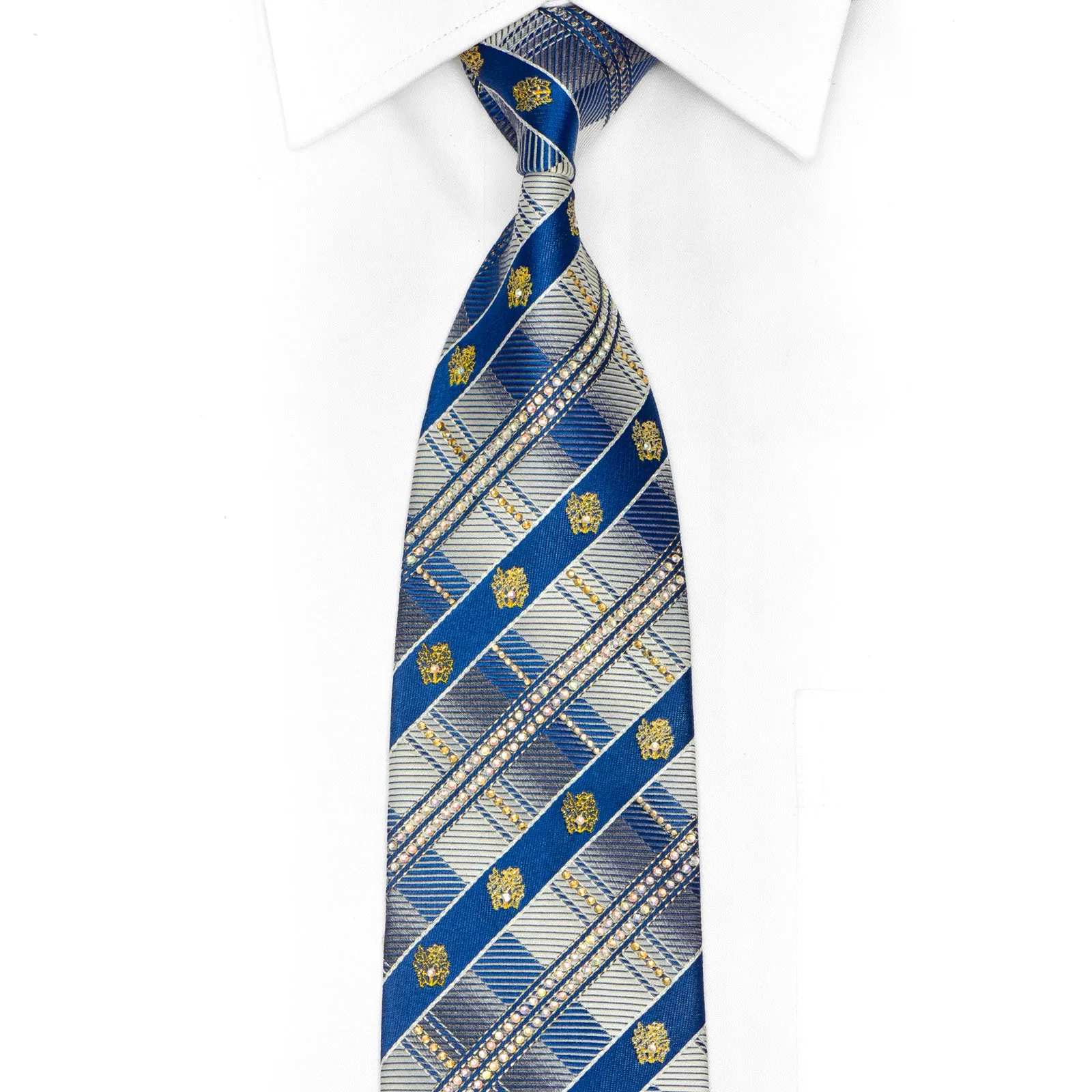 Blue Silver Plaid Striped Rhinestone Silk Necktie With Gold Sparkles