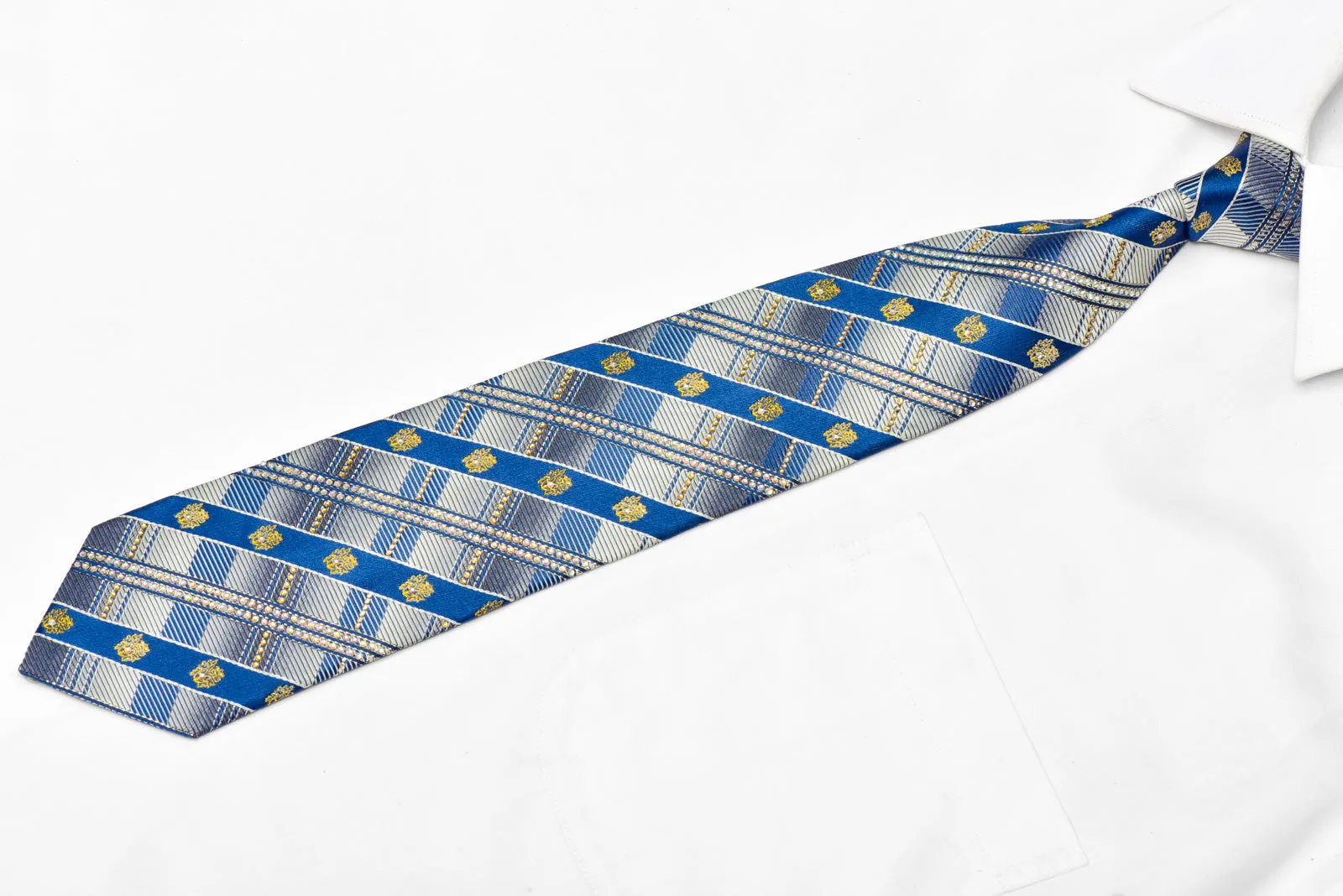 Blue Silver Plaid Striped Rhinestone Silk Necktie With Gold Sparkles