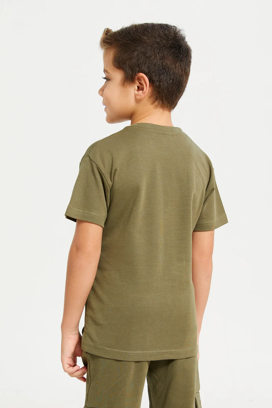 Boys Green Printed T-Shirt With Front Pocket