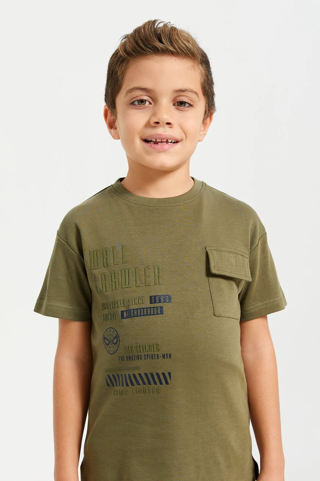 Boys Green Printed T-Shirt With Front Pocket
