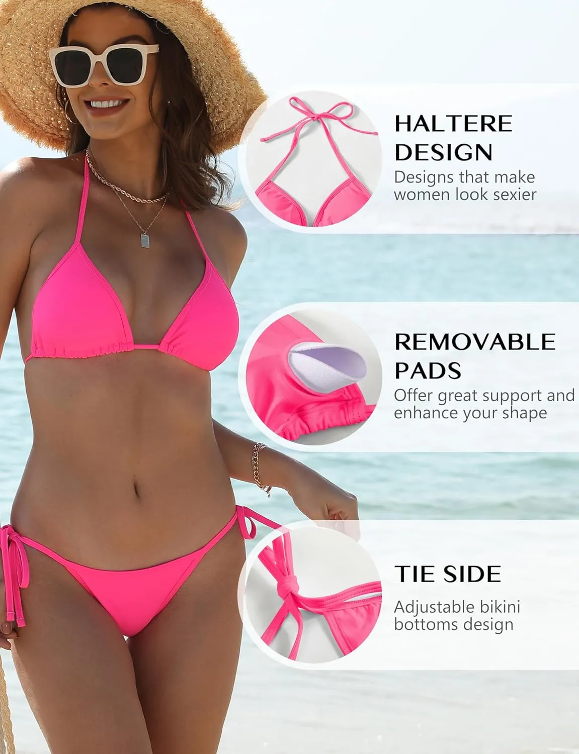 Buauty Bikini Sets for Womens Two Piece Swimsuits Halter String Triangle Bathing Suit Swim Sexy Tie Side Bottom Swimwear