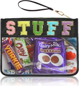 Chenille Letter Clear Zipper Pouch for Travel Preppy Stuff Bag Aesthetic Storage Organizer Pouches for Women with Glitter Patch Letters (Black-Stuff)