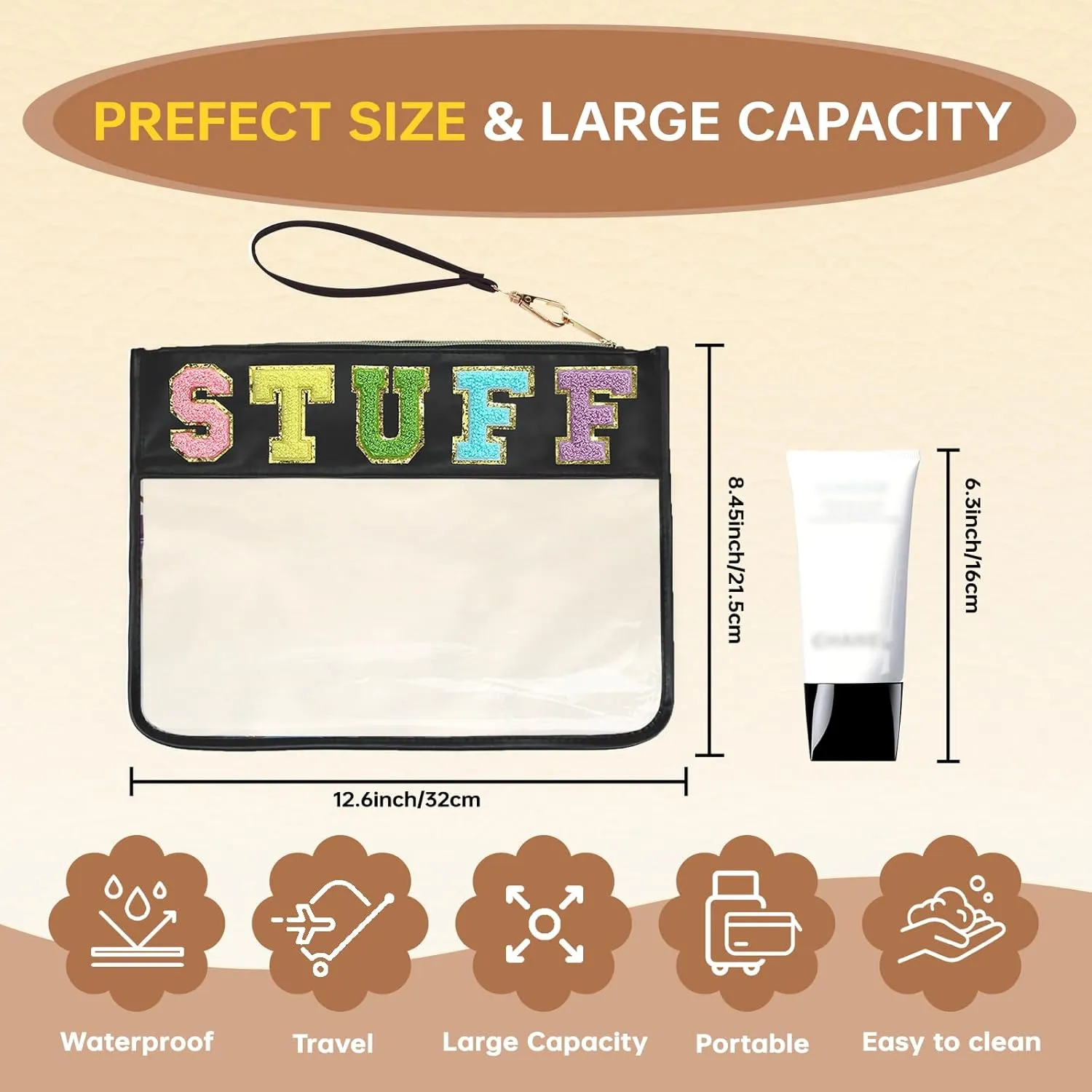Chenille Letter Clear Zipper Pouch for Travel Preppy Stuff Bag Aesthetic Storage Organizer Pouches for Women with Glitter Patch Letters (Black-Stuff)