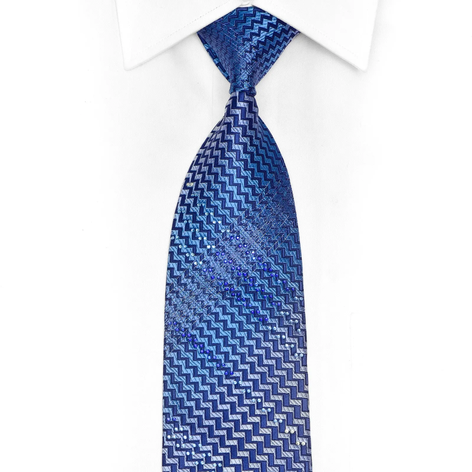 Chevron Striped On Blue Rhinestone Silk Necktie With Silver Sparkles