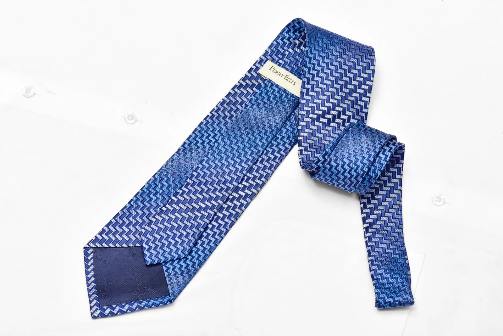 Chevron Striped On Blue Rhinestone Silk Necktie With Silver Sparkles