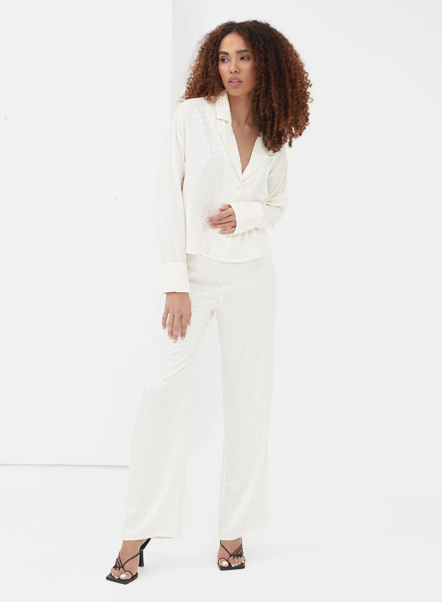 Cream Wide Leg Jacquard Trouser - Zaina