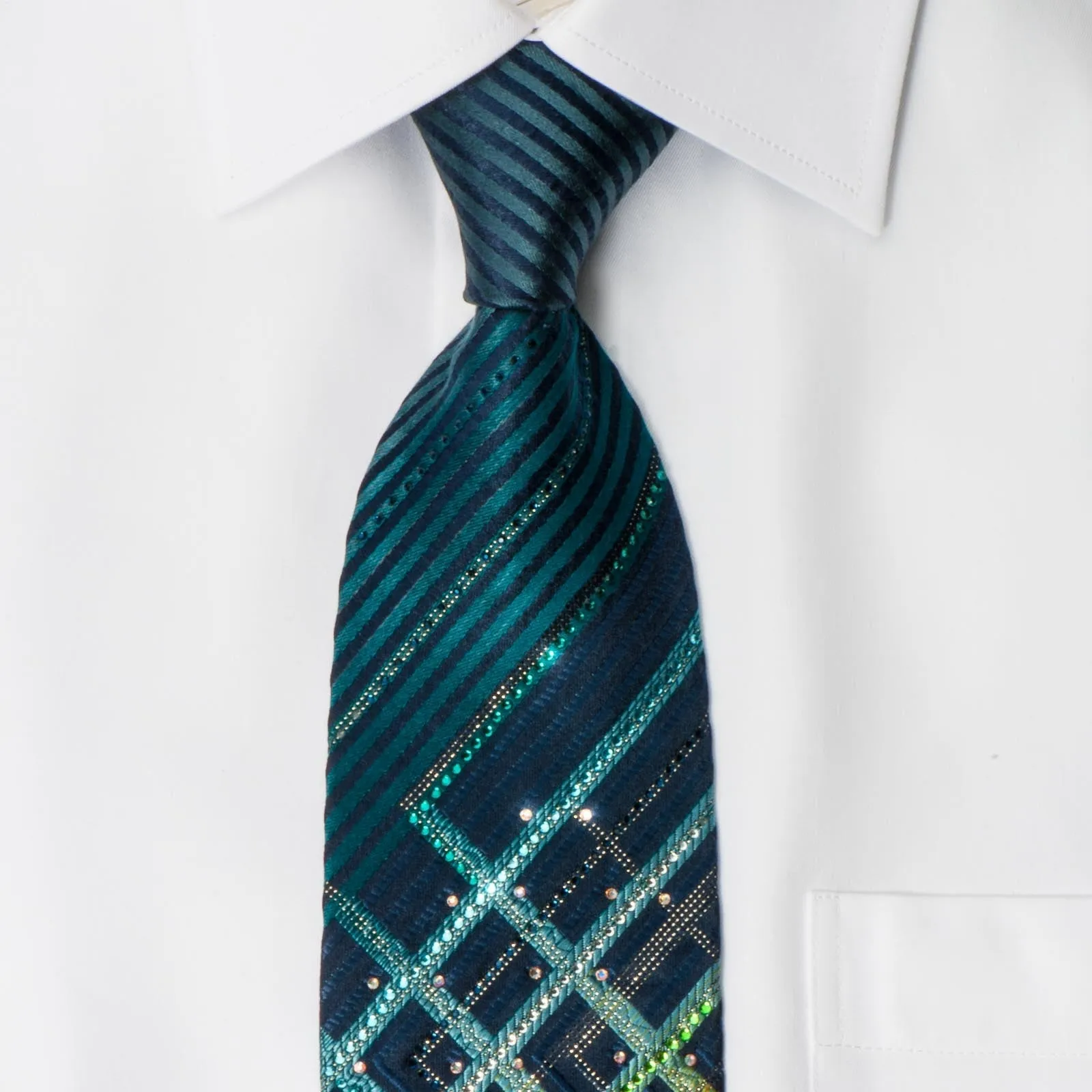 Daniel Hechter Silk Rhinestone Necktie Stripes On Turquoise With Silver Sparkles