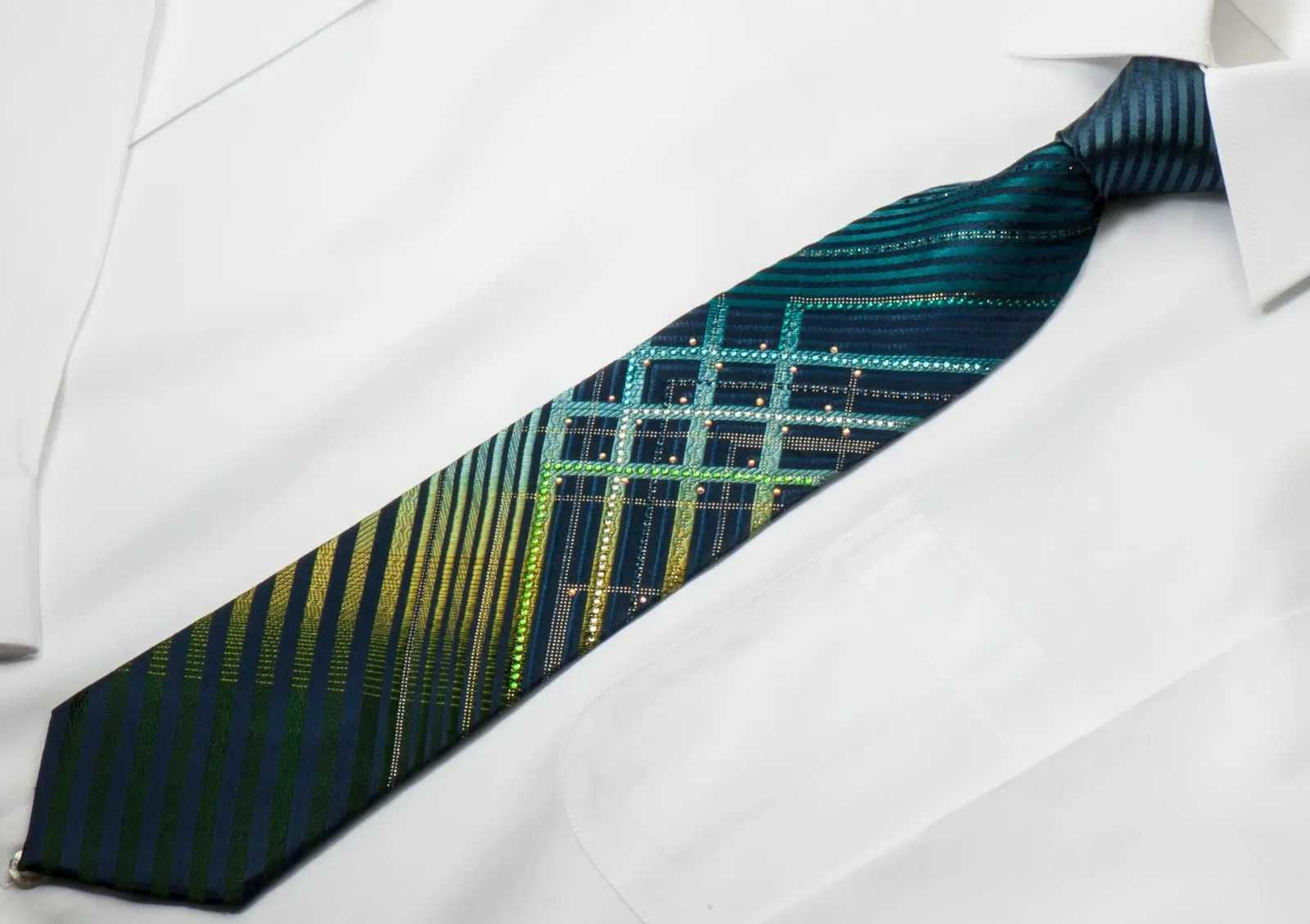 Daniel Hechter Silk Rhinestone Necktie Stripes On Turquoise With Silver Sparkles