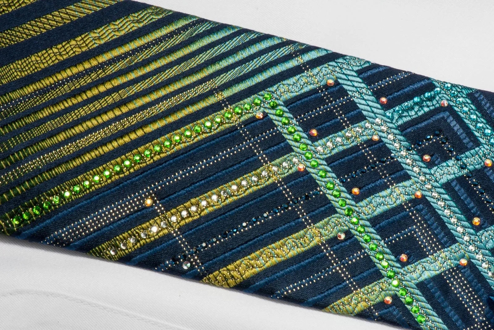 Daniel Hechter Silk Rhinestone Necktie Stripes On Turquoise With Silver Sparkles