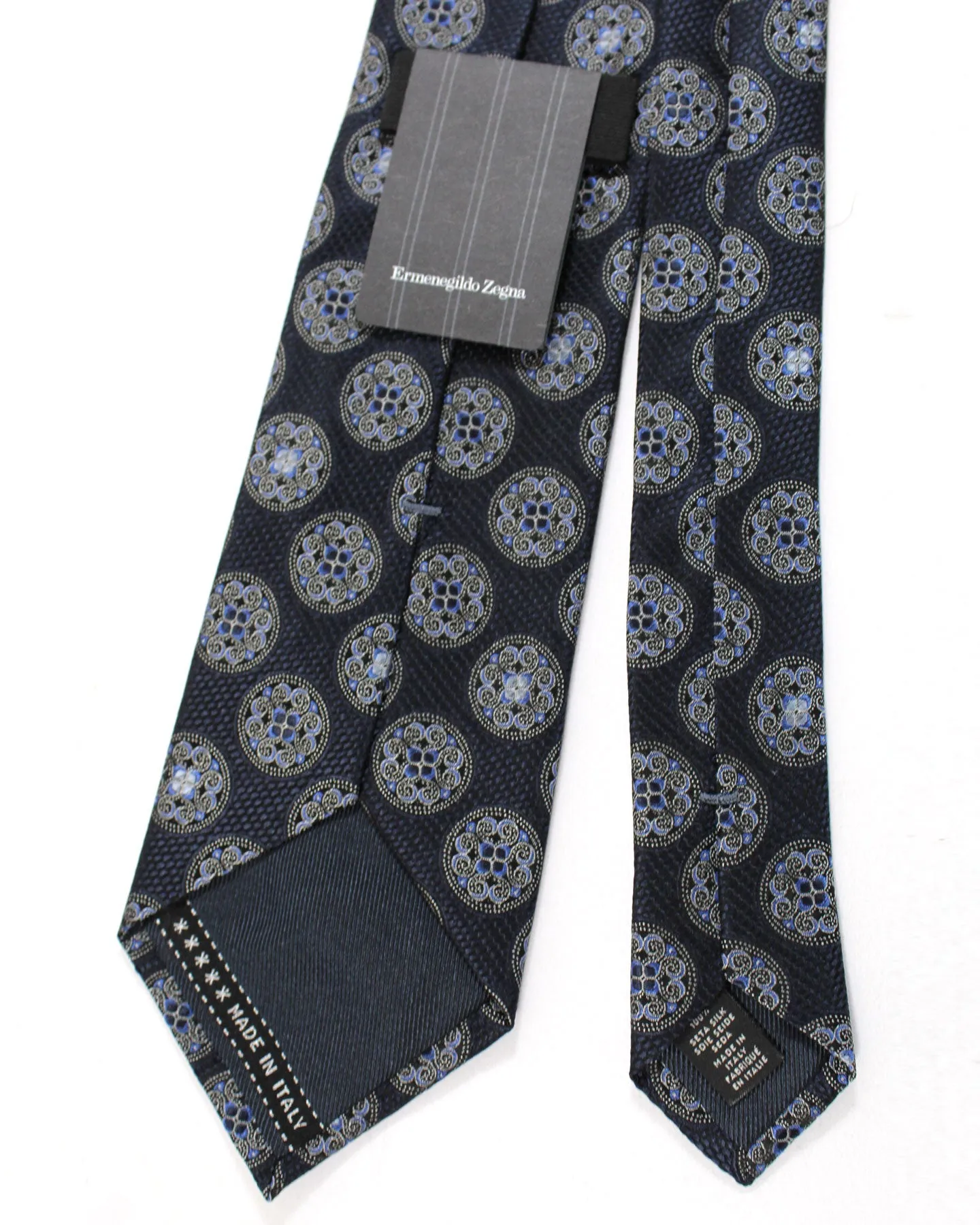 Ermenegildo Zegna Silk Tie Dark Blue Medallions - Hand Made in Italy