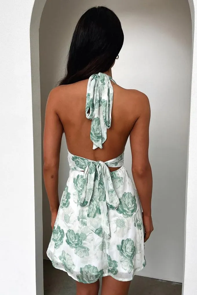 GOKATOSAU Women's Halter Deep V Neck Flowy Chiffon Bow Tie Backless Summer Mini Dress