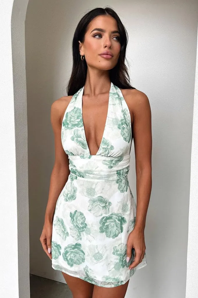 GOKATOSAU Women's Halter Deep V Neck Flowy Chiffon Bow Tie Backless Summer Mini Dress