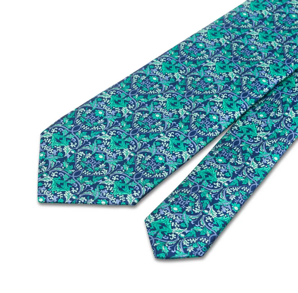 Green and Blue Medieval Garden Duchesse Silk Tie