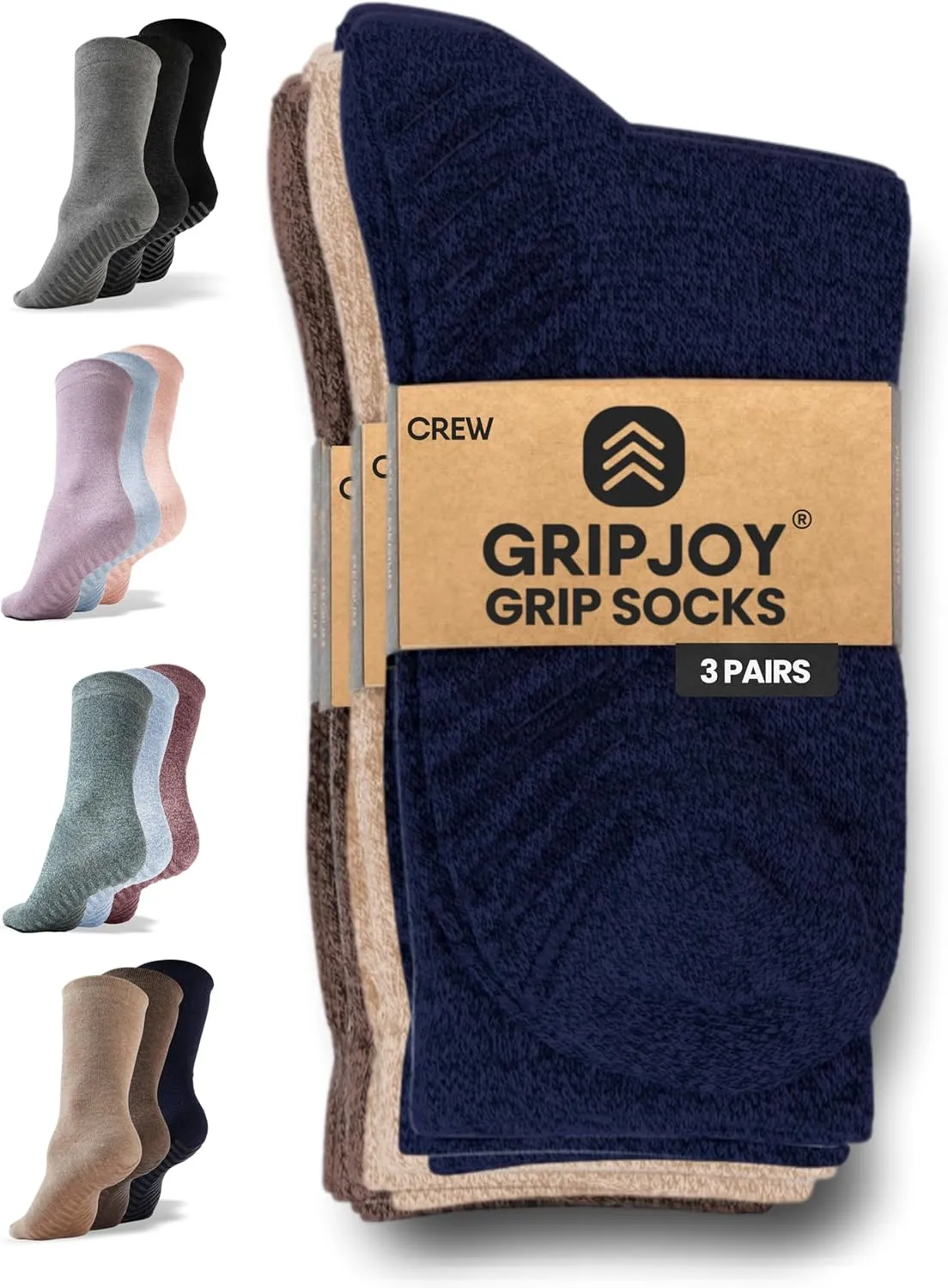 Gripjoy Non-Slip Socks for Women - Crew, 3 Pairs