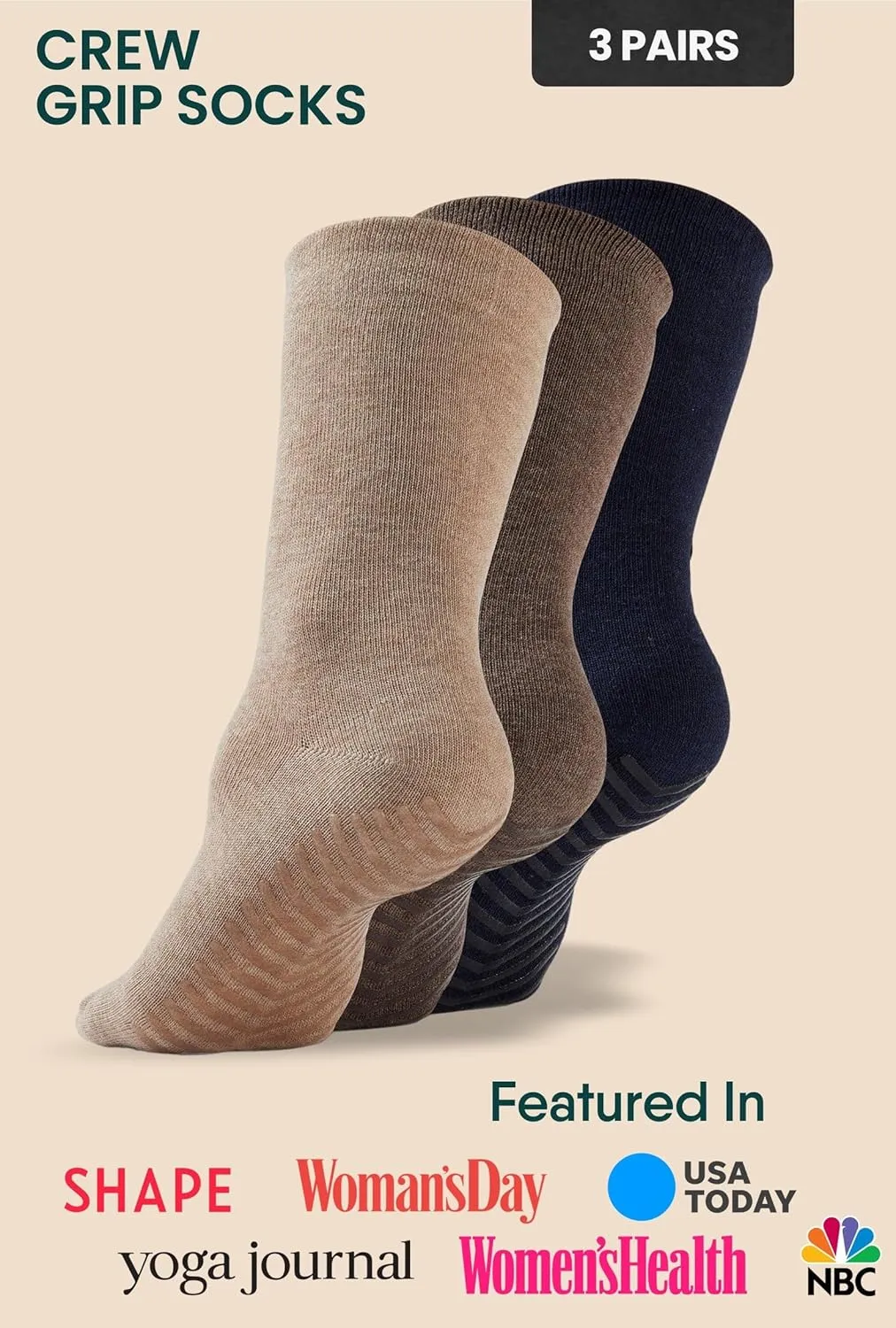 Gripjoy Non-Slip Socks for Women - Crew, 3 Pairs