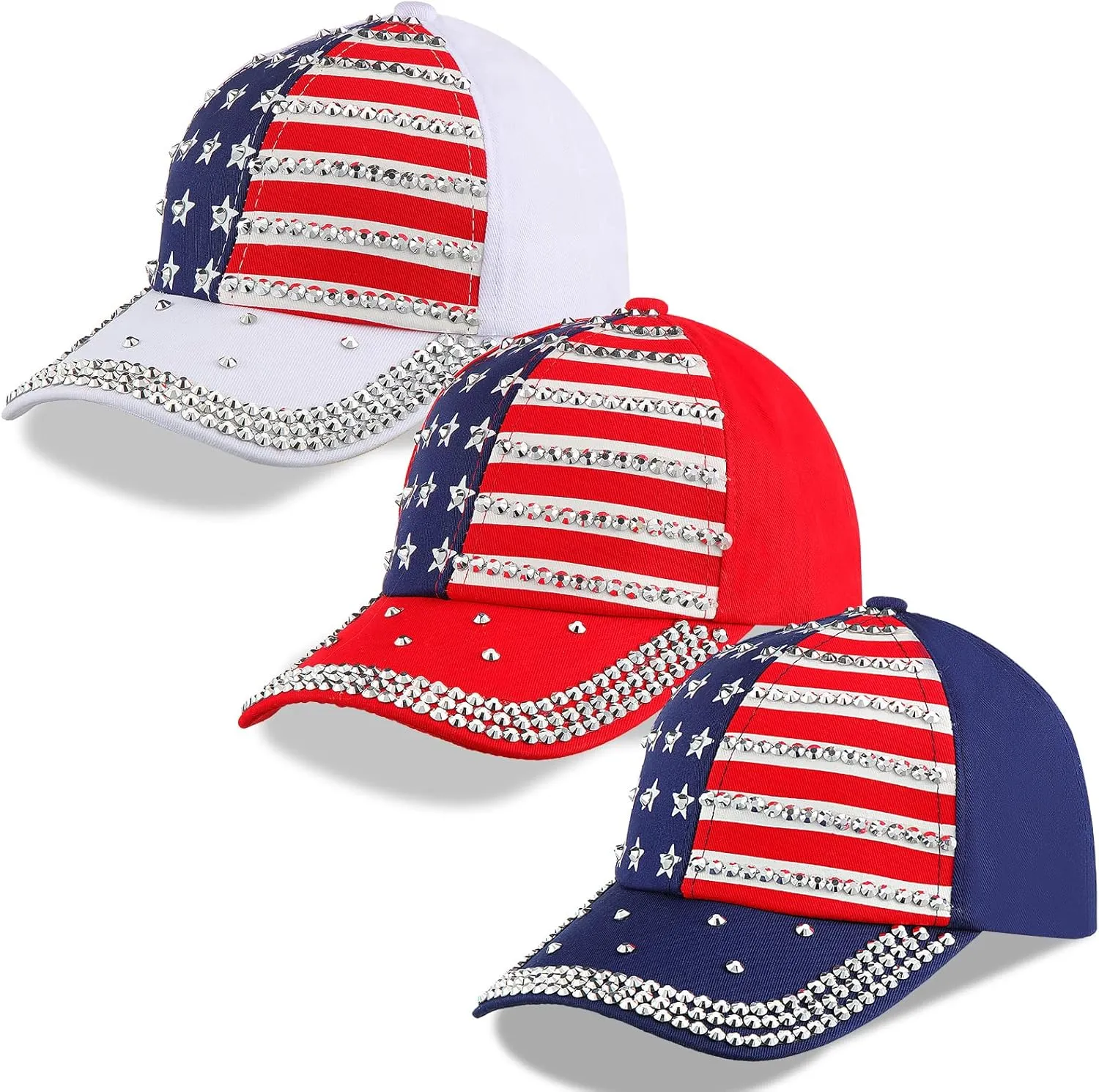 Hercicy 3 Pcs USA Hats Bling Patriotic American Baseball Hats Adjustable Independence Memorial Day Flag Caps for Men Women