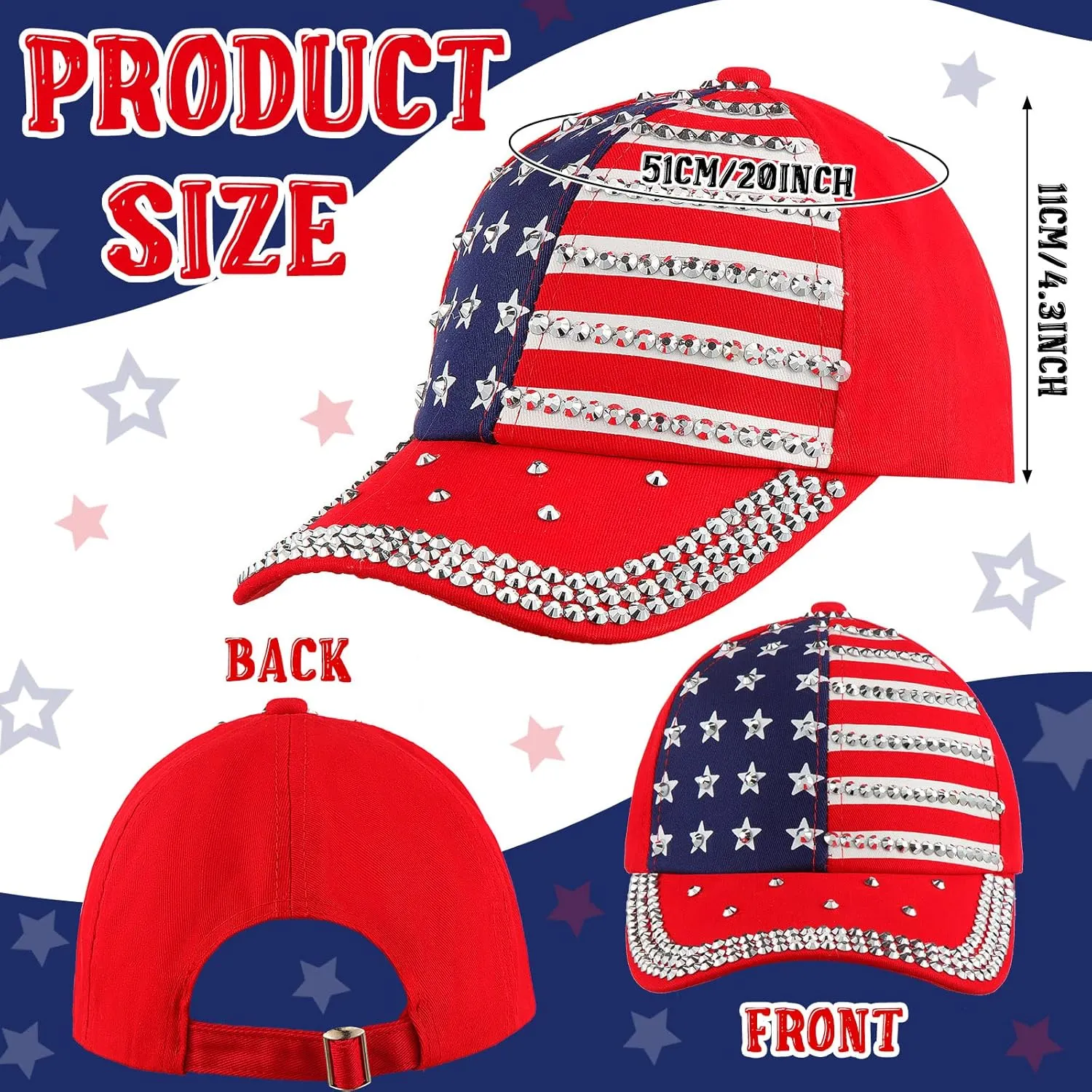 Hercicy 3 Pcs USA Hats Bling Patriotic American Baseball Hats Adjustable Independence Memorial Day Flag Caps for Men Women