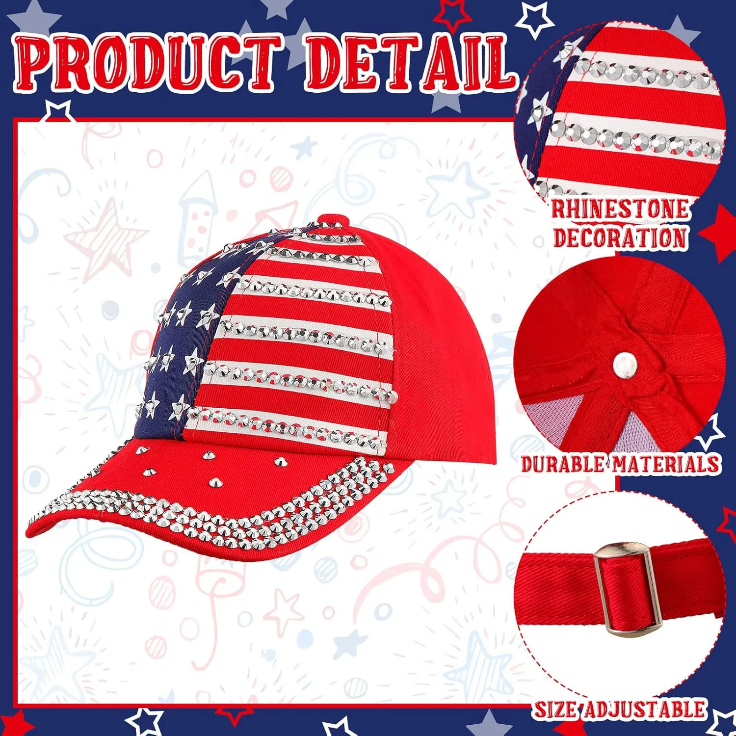 Hercicy 3 Pcs USA Hats Bling Patriotic American Baseball Hats Adjustable Independence Memorial Day Flag Caps for Men Women