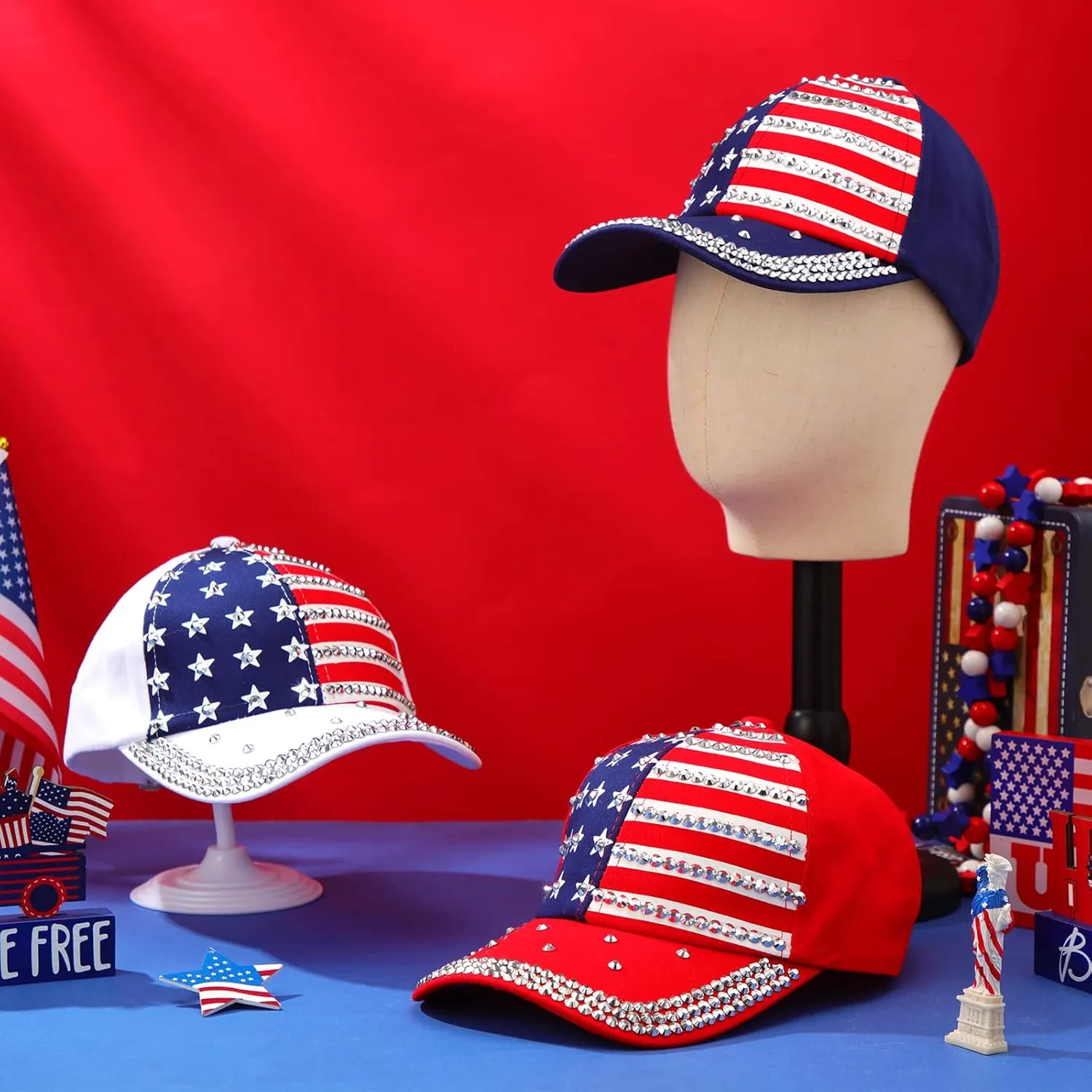 Hercicy 3 Pcs USA Hats Bling Patriotic American Baseball Hats Adjustable Independence Memorial Day Flag Caps for Men Women
