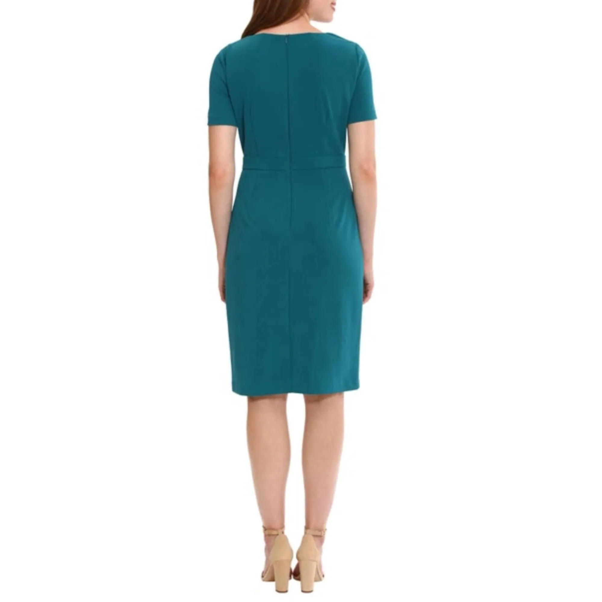 London Times Women's Short Sleeve Gathered Neck Tie Sheath Mini Dress