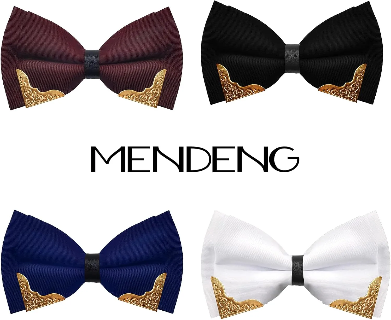 MENDENG Men's Metal Gold Bow Ties for Men Women PU Leather Satin Formal Bowtie