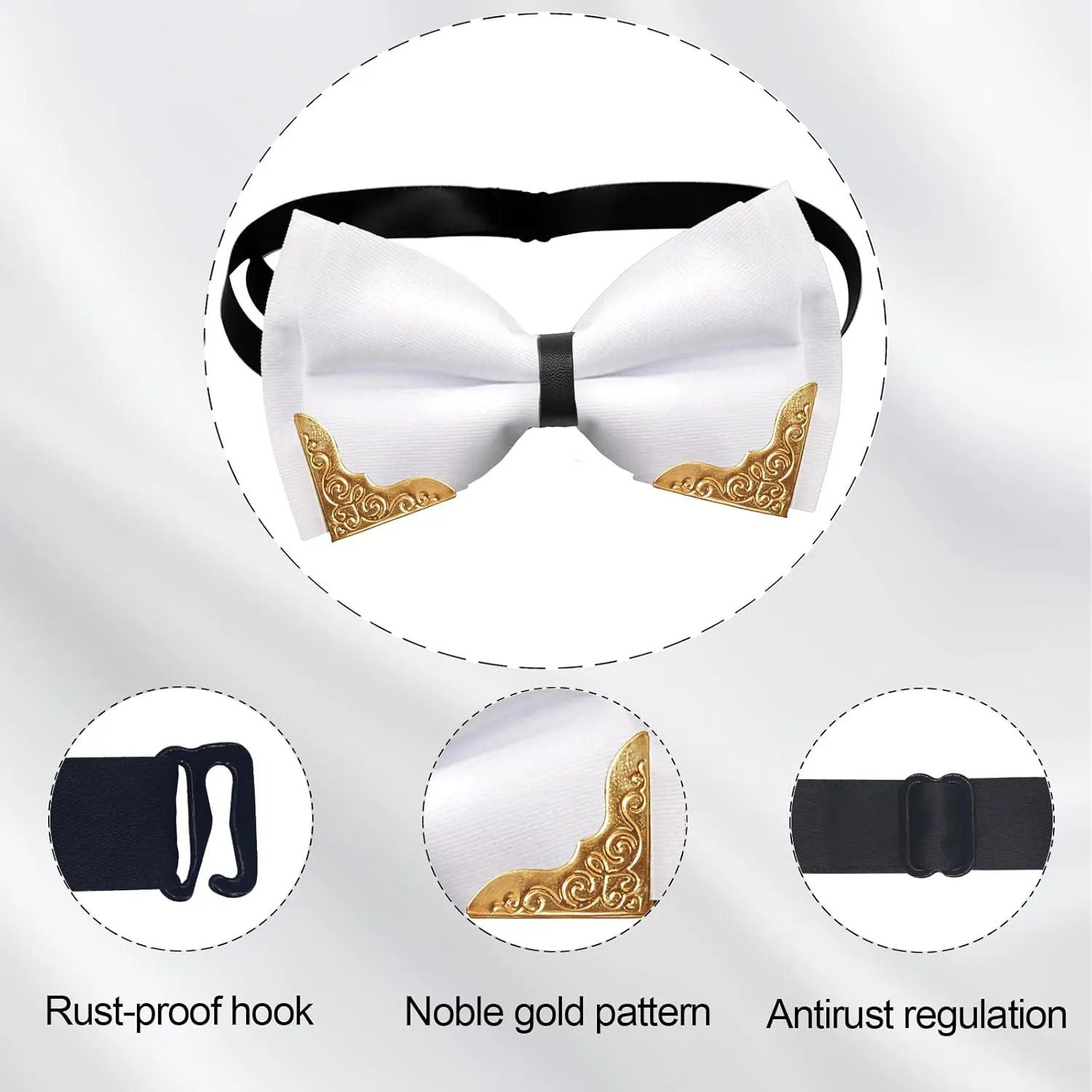 MENDENG Men's Metal Gold Bow Ties for Men Women PU Leather Satin Formal Bowtie