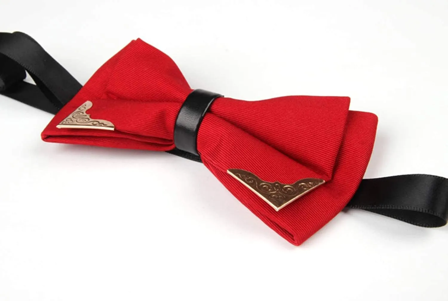 MENDENG Men's Metal Gold Bow Ties for Men Women PU Leather Satin Formal Bowtie