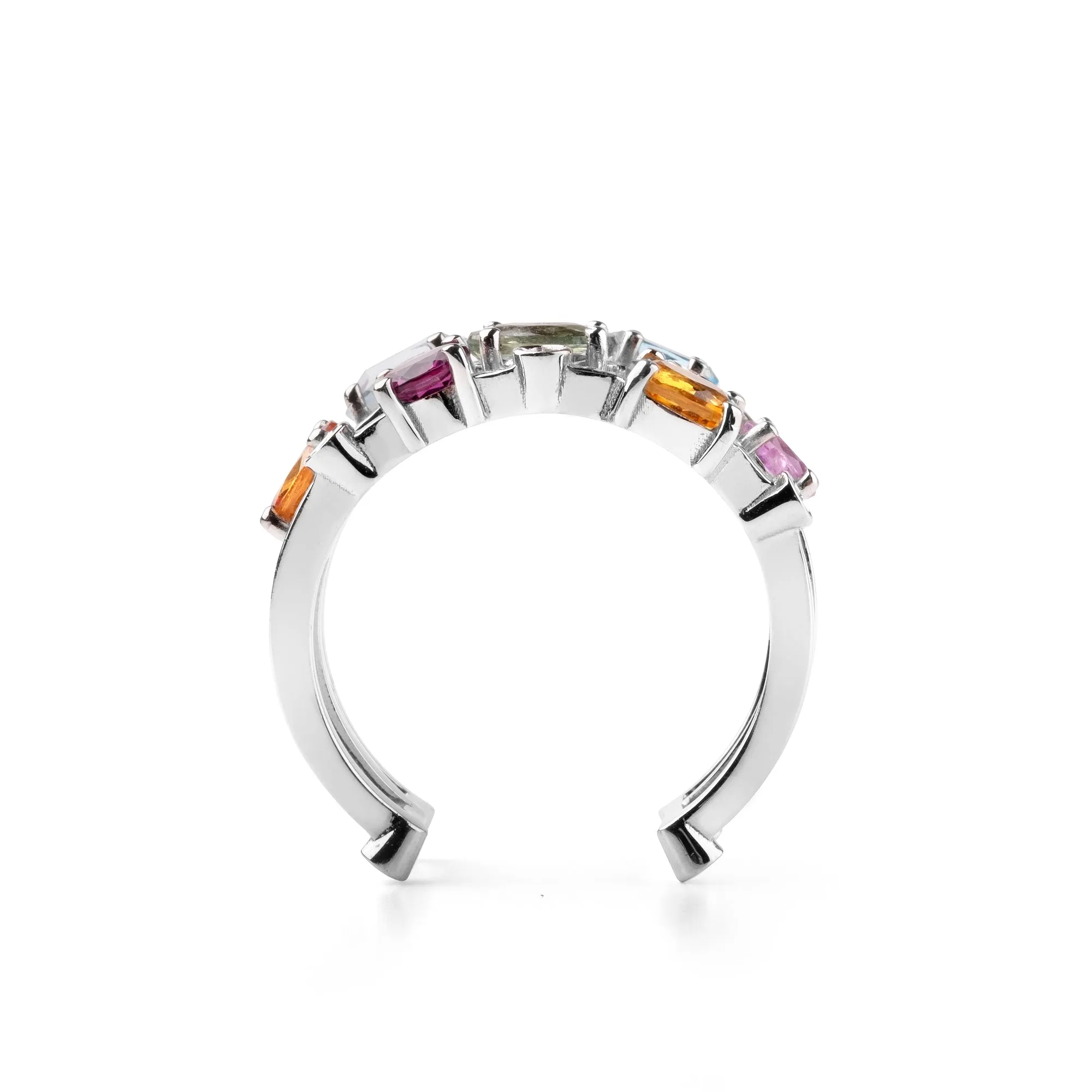 Multi coloured gemstones 18k white gold Triple row ring