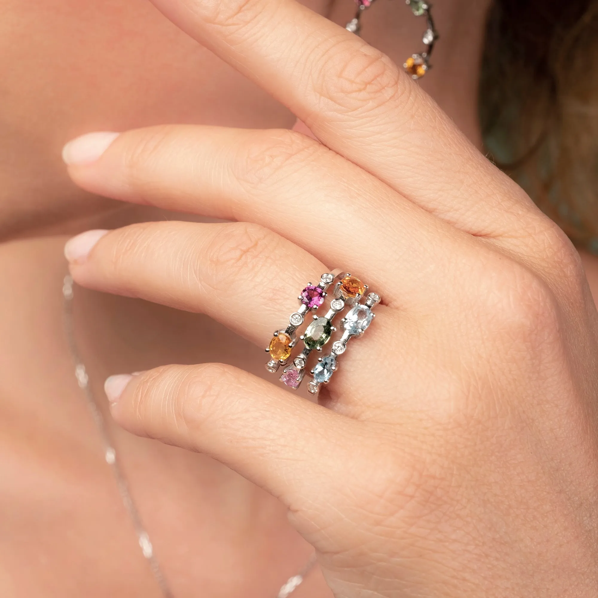Multi coloured gemstones 18k white gold Triple row ring