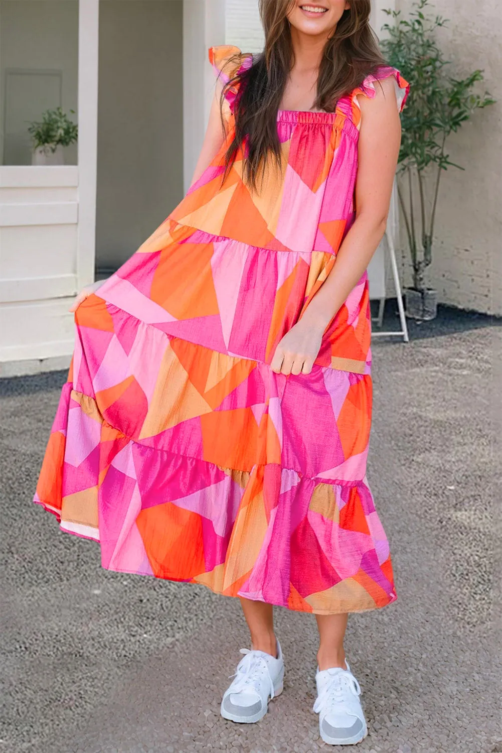 Multicolor Geometric Printed Ruffled Straps Tiered Midi Dress