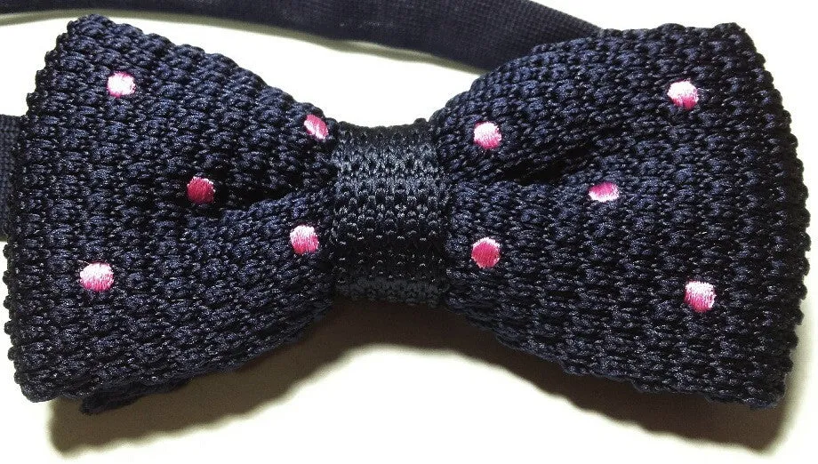 Navy Blue & Pink Polka Dot Knitted Bow Tie